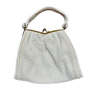 Vintage Corde Bead style beaded handbag dressy top handle purse creamy white bag